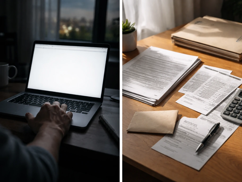 Two-panel photo-style image: media site blank area on left, contract papers with calculator on right