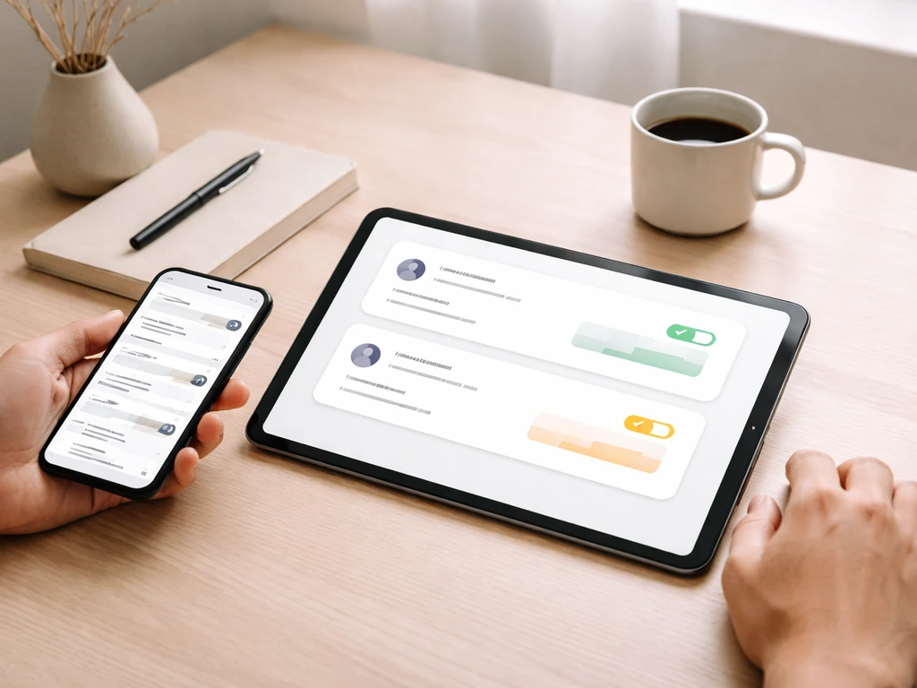 Minimal desk scene with a tablet showing net-worth style profile cards and toggle icons for confirmed vs estimated