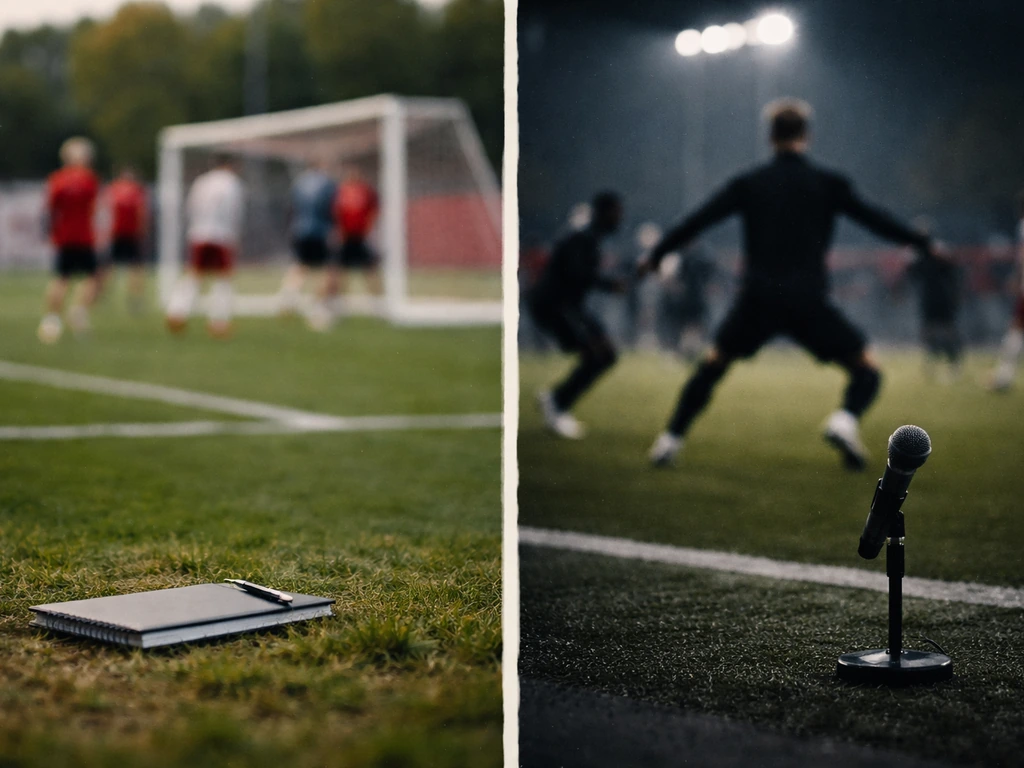 Two-panel split photo showing blurred football training action with subtle media and notes cues.