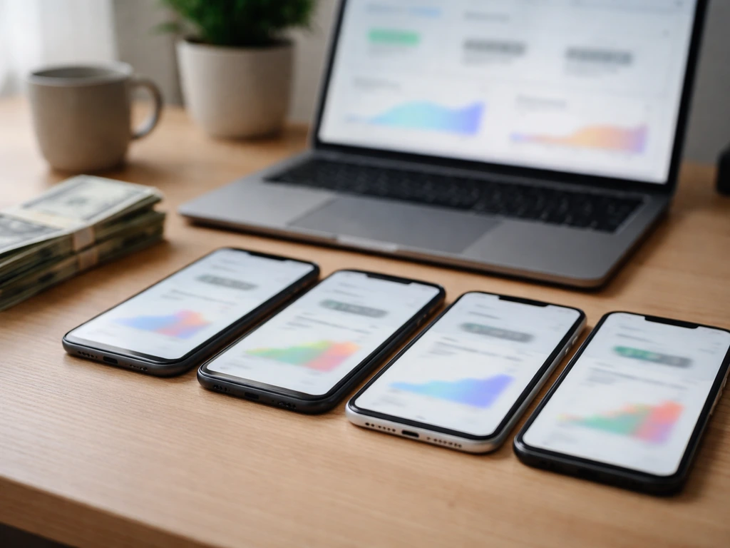 Side-by-side smartphones and a finance desk scene suggesting conflicting money estimates without readable text