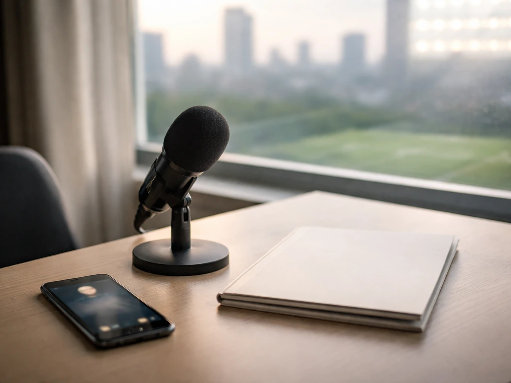 Minimal desk scene with a microphone and phone near a window, symbolizing earnings and net worth analysis