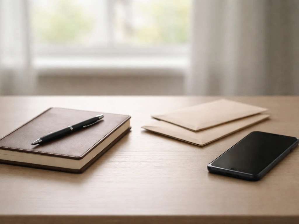 Minimal photo of a tidy desk with a notebook, pen, and cash envelopes beside a smartphone