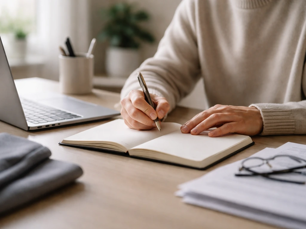 Minimal office scene with a notebook and laptop suggesting careful financial analysis for public figures