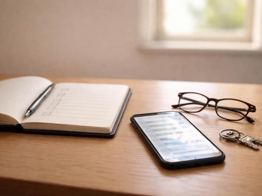 Minimal office desk with a notebook checklist and phone showing a news-search workflow, no text