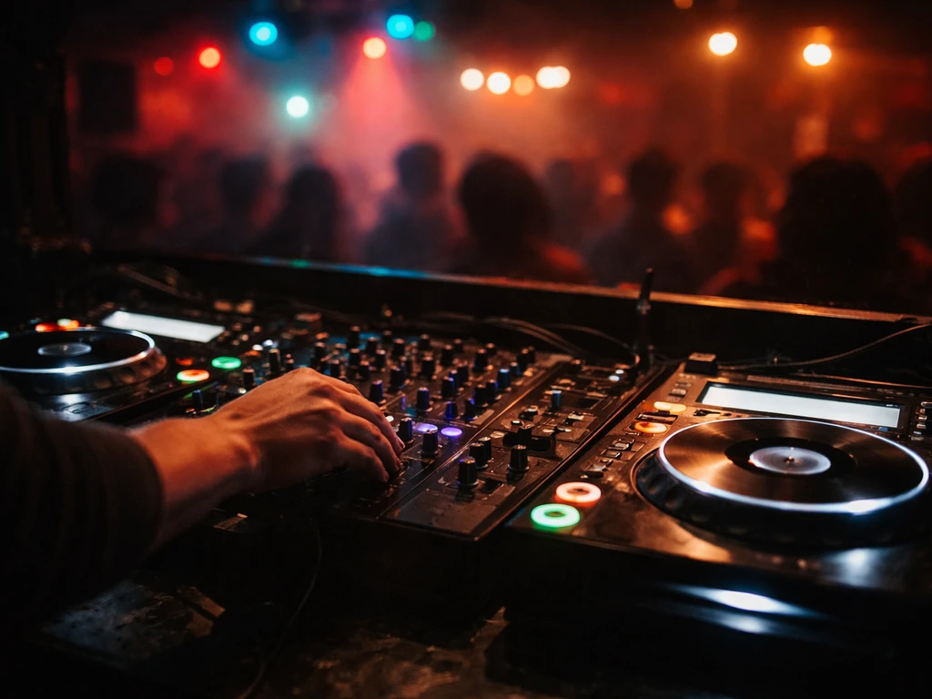 Anonymous DJ hands adjust a club mixer under colored stage lights, symbolic music-performance money vibe.