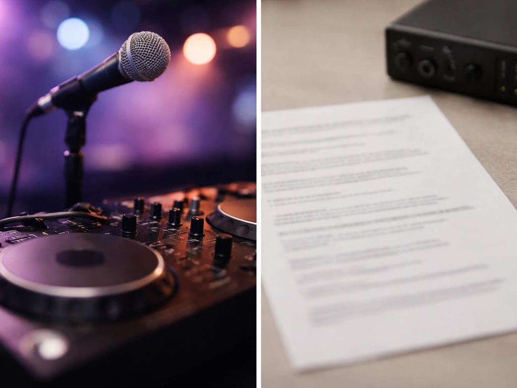 Split image: DJ equipment with club lighting vs a blurred legal document, showing name confusion.