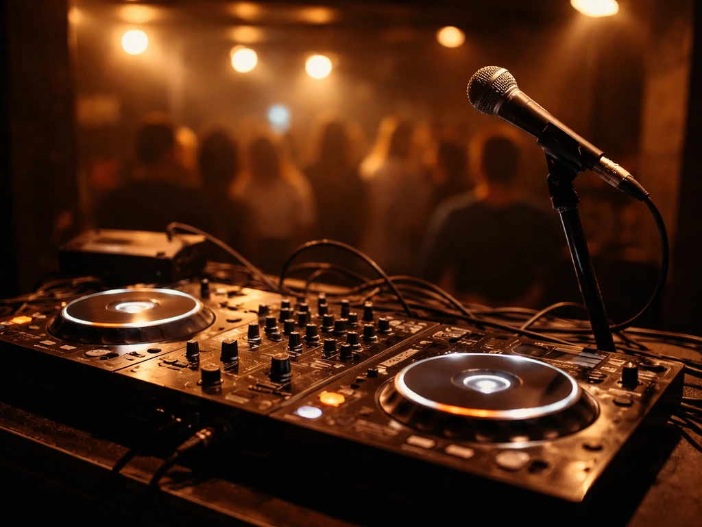 DJ gear and a blurred live venue scene suggesting bookings and DJ appearances