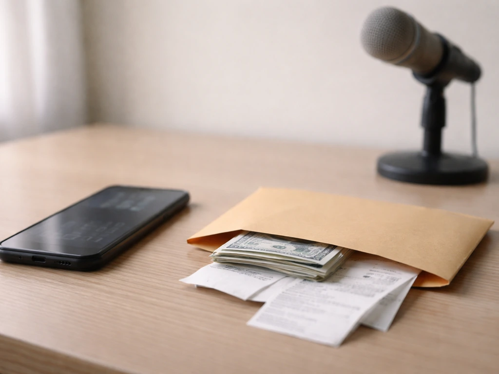 Minimal desk scene showing a money envelope, smartphone, and podcast mic, symbolizing net worth guesswork.