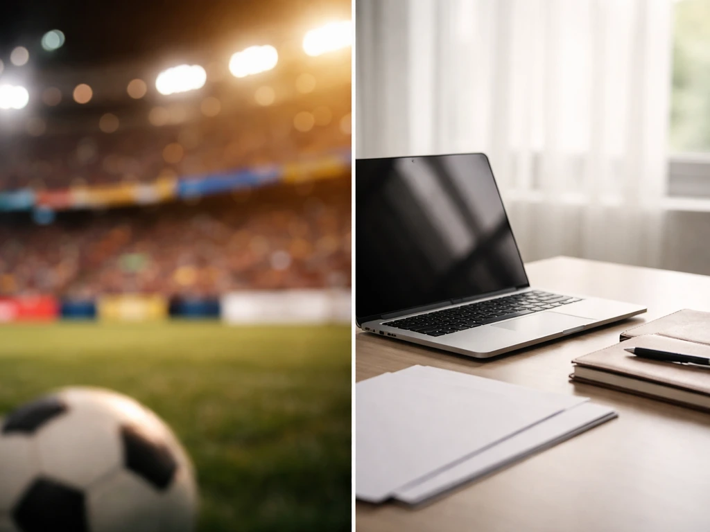 Split scene of generic sponsorship-style visuals and a quiet business desk with documents and laptop.