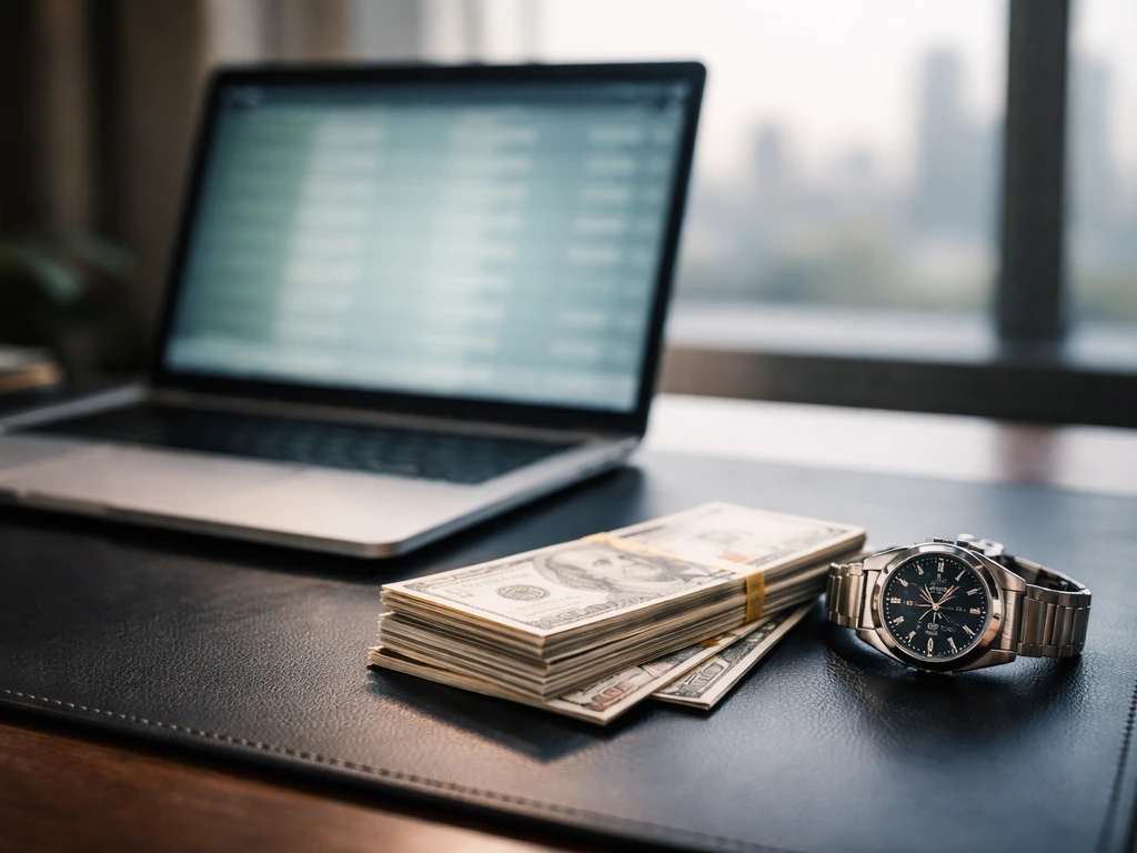 Minimal desk scene with open laptop blur, currency notes, and a watch symbolizing wealth comparison