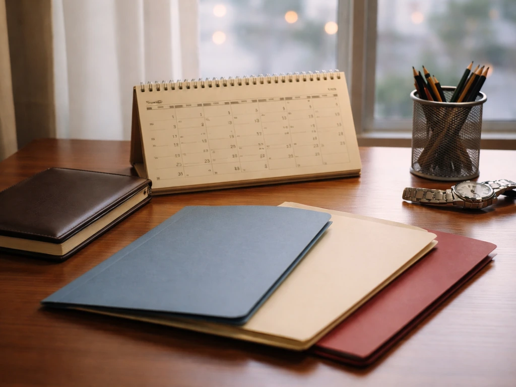 Minimal desk scene with a calendar and two club-themed folders, symbolizing peak earning years.