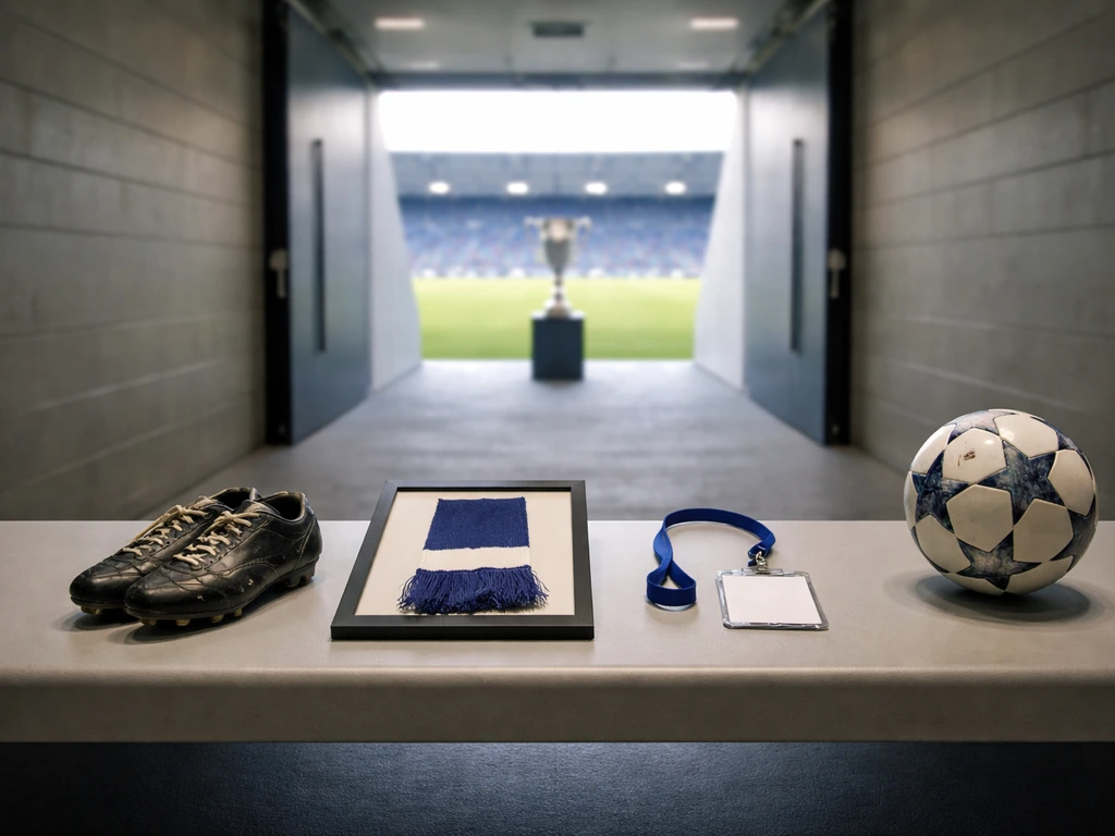 Minimal stadium corridor with a ball, retro boot, scarf, and blank badge holder suggesting post-retirement roles