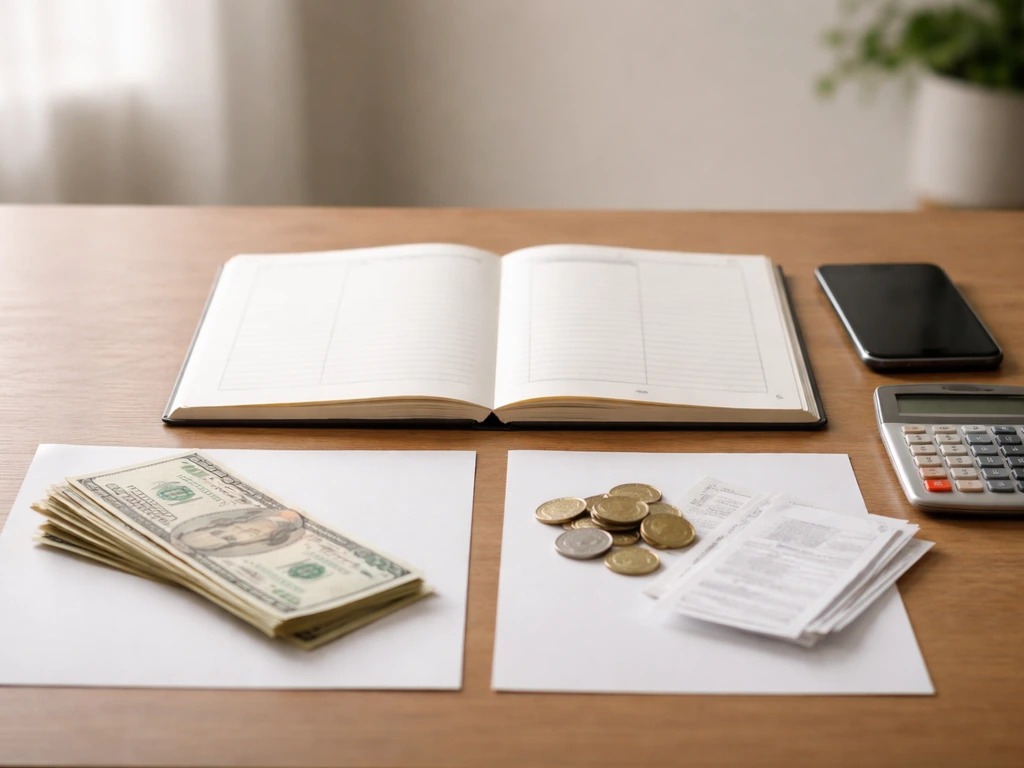 Desk with a blank finance ledger, calculator, and neatly arranged cash and receipts suggesting income vs expenses.