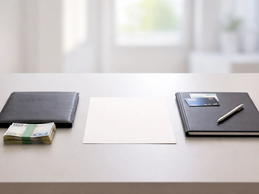 Minimal office desk with money and business cards in a side-by-side comparison layout, no people or text.