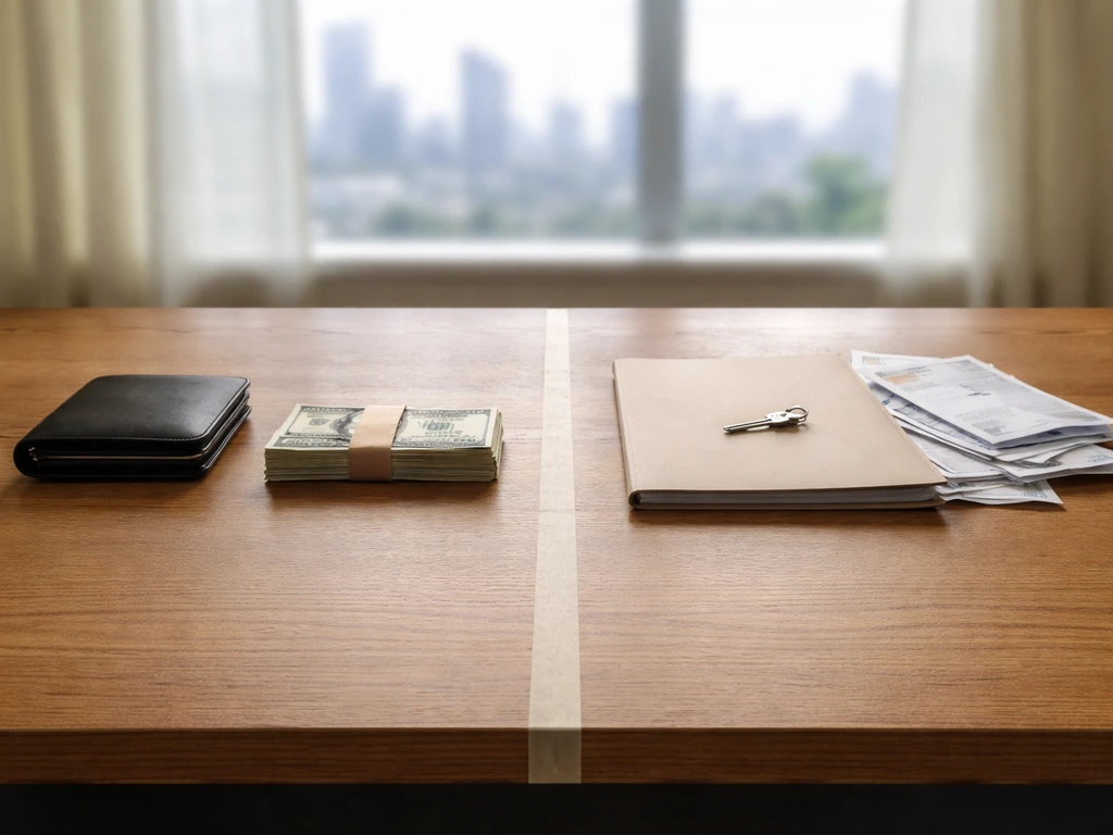 Minimal desk split by assets vs liabilities: wallet and cash on one side, envelopes and folder on the other.