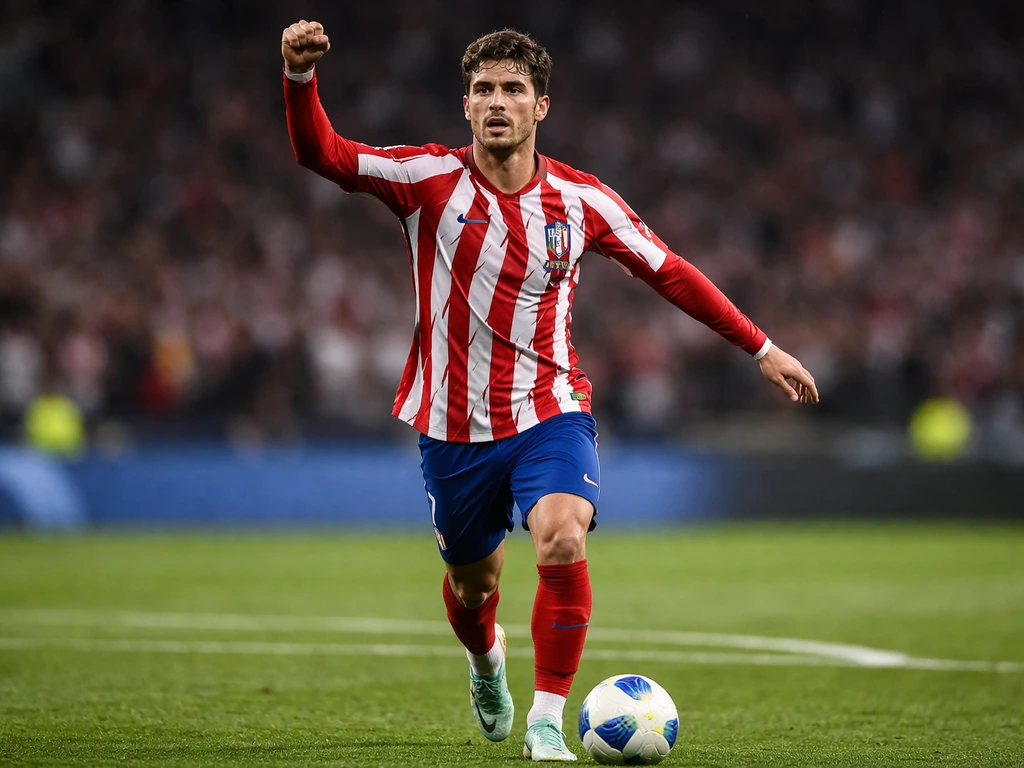 Antoine Griezmann in an Atlético Madrid kit celebrating on the pitch in natural stadium light.