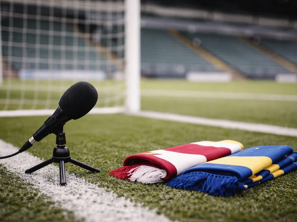 Handheld microphone and folded football scarves on an empty stadium sideline, no people visible.