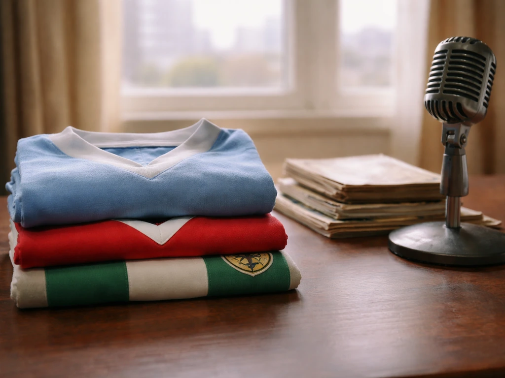 Football awards and vintage jerseys on a desk beside a microphone, symbolizing Michel Platini’s career timeline.