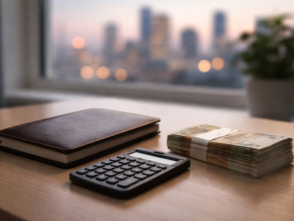 Minimal photo of a financial notebook and cash with a blurred city backdrop, suggesting net worth analysis
