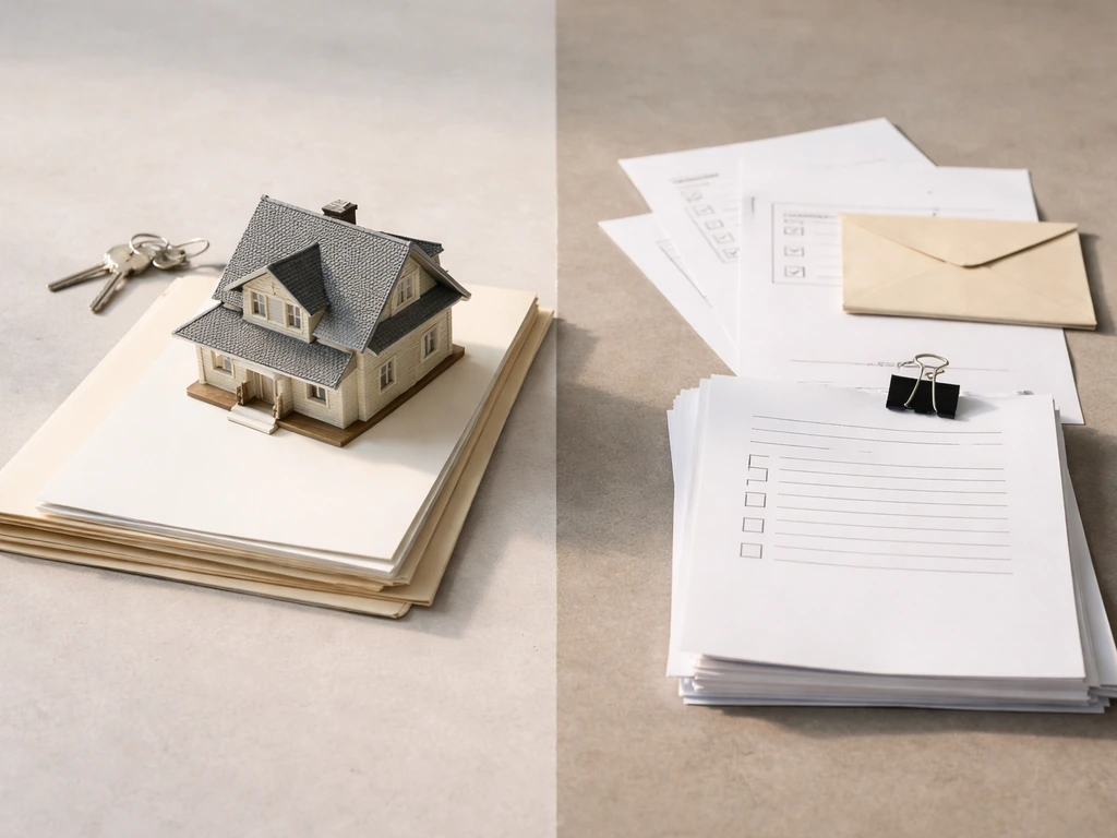 Split scene of a modest desk setup showing property-like items on one side and debt-like papers on the other