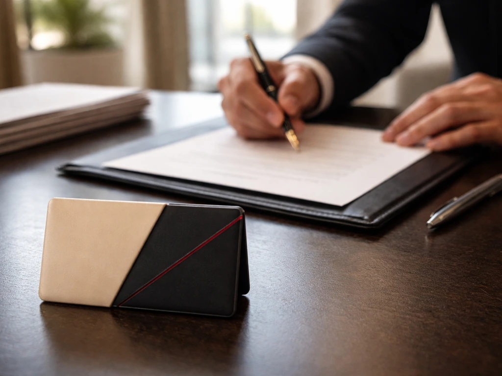 Close-up of hands sealing a hotel partnership deal with a branded keycard and pen, symbolic joint venture vibe.