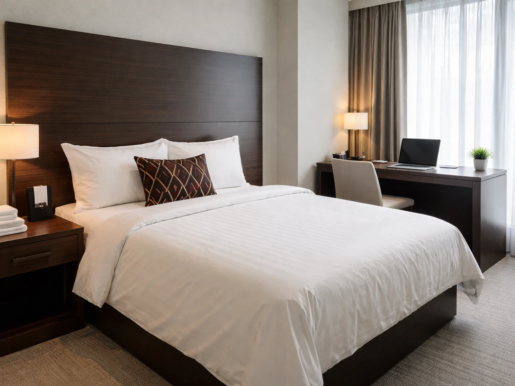 Clean hotel room with a neatly made bed and a minibar tray suggesting business room revenue.