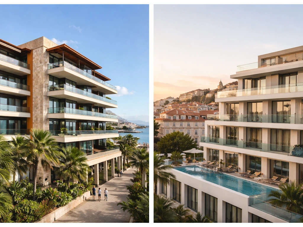 Minimal grid collage showing sleek hotel exteriors for Pestana CR7 in Funchal and Lisbon