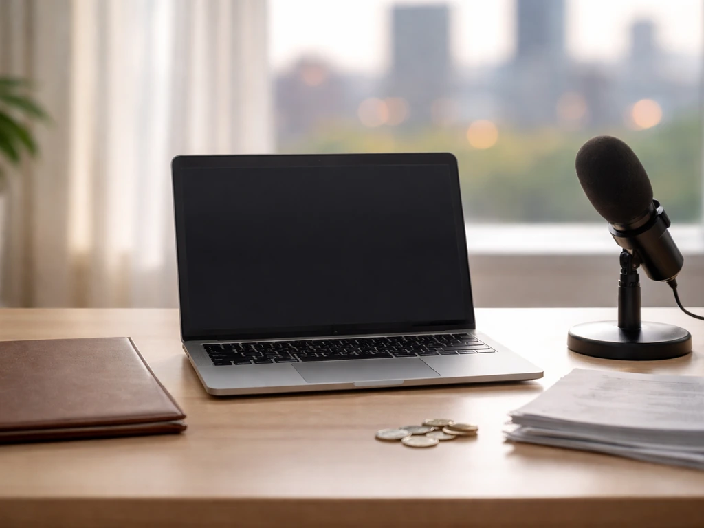 Minimal photo of a laptop on a desk with a contract folder and scattered coins, symbolizing verified athlete earnings