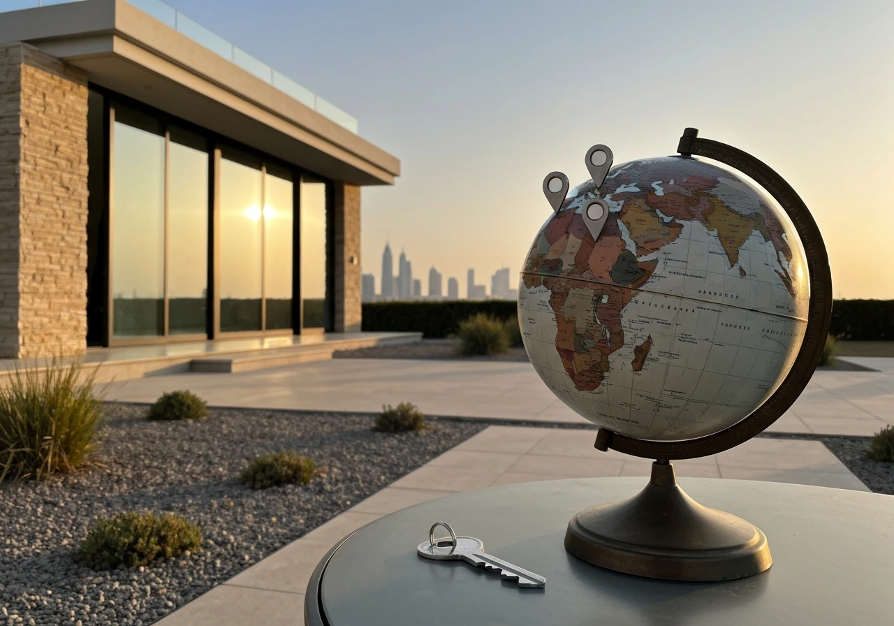 Luxury villa exterior with a globe and small map pins suggesting international real-estate investments.