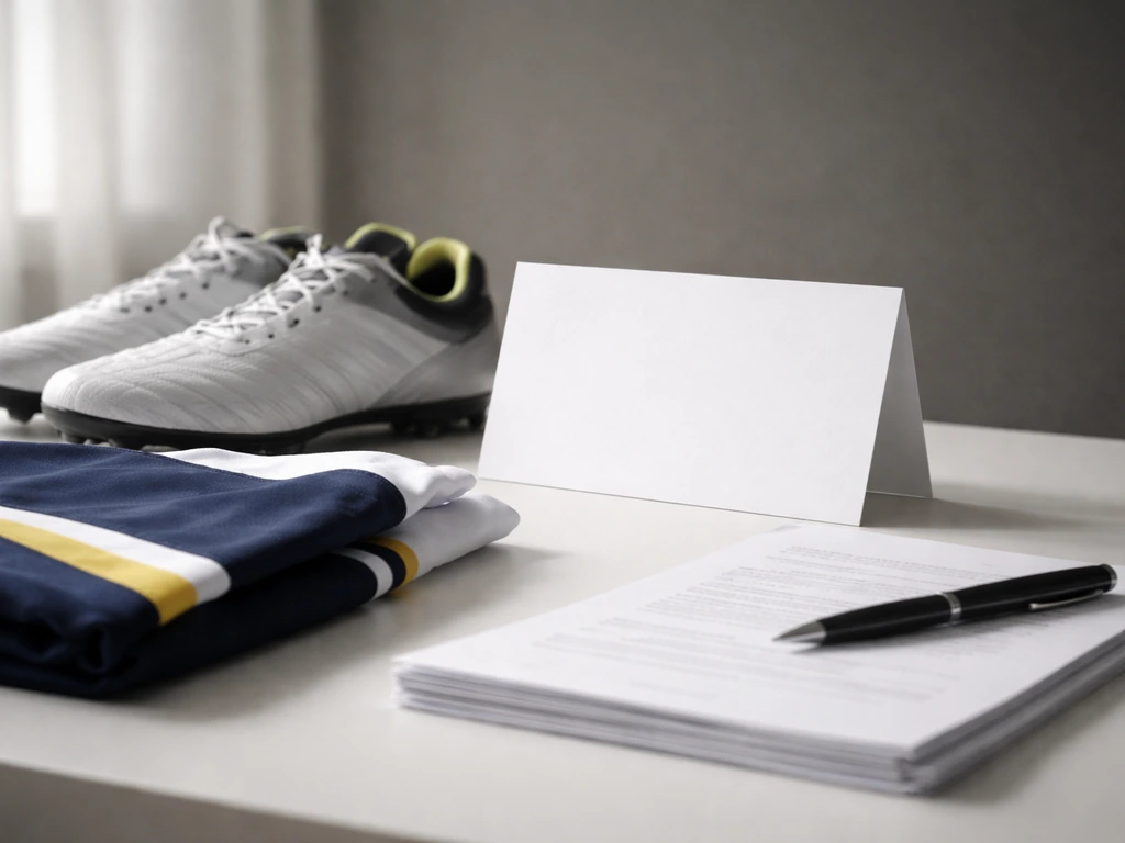 Close-up of generic sports boots, jersey, blank sponsorship placard, and contract papers on a desk.