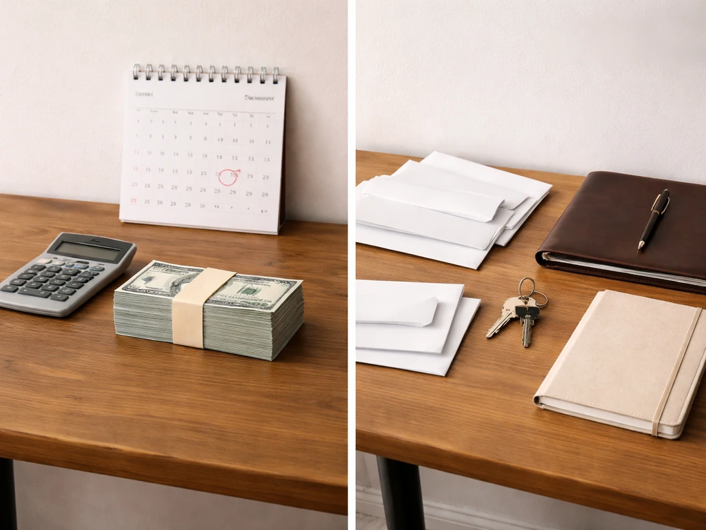 Split desk photo showing a cash-and-calendar “mistake” versus an assets-focused “corrected” net-worth concept.