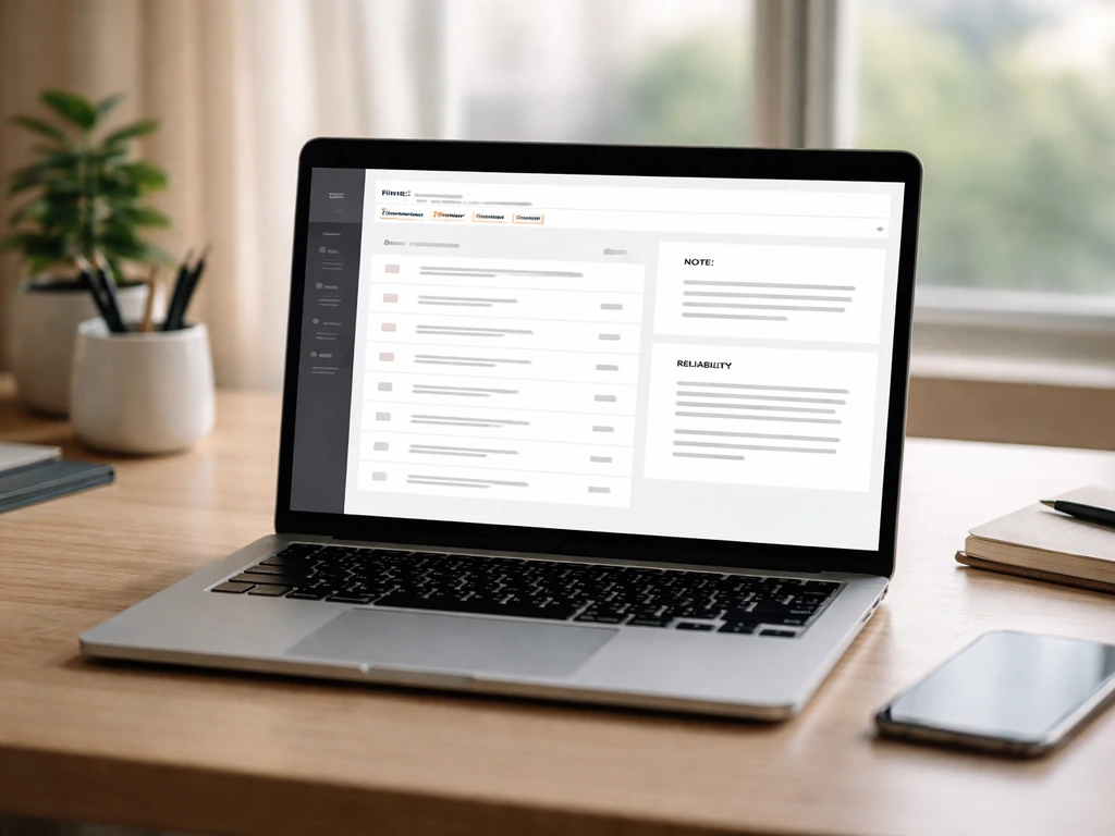 Laptop on a desk showing generic finance estimate site layout with filters, tabs, and note panel blocks.