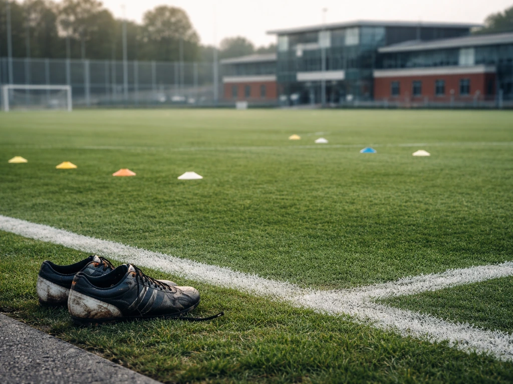 Empty football training pitch with modern Ajax-like facilities in the background, symbolizing a youth-to-pro breakthroug