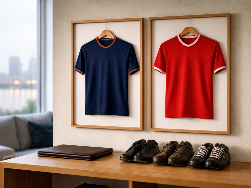 Minimal Dutch football legacy scene with framed jerseys and boots beside a leather portfolio.