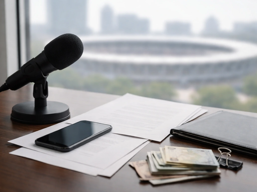 Anonymous desk with microphone, papers, and money beside a blurred stadium city view.
