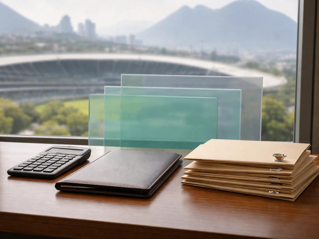 Desk with calculator and layered translucent sheets symbolizing football club assets and liabilities in finance context.