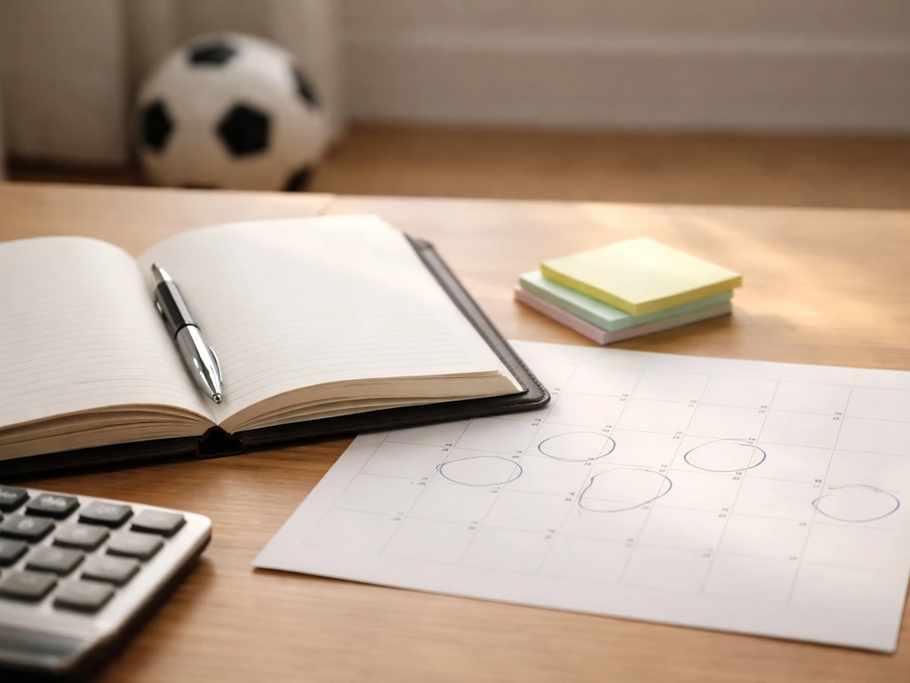 Close-up of a football club finance desk scene with a blurred ledger and calendar pages showing repayment-style timing.