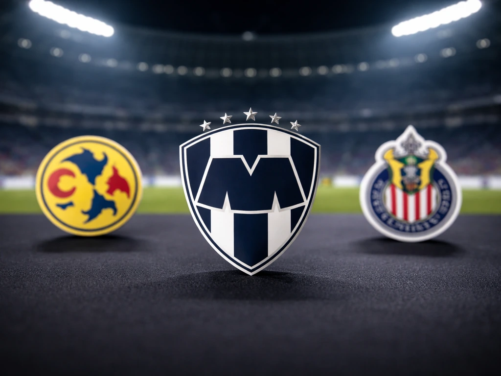 Monterrey crest-inspired soccer atmosphere with blurred stadium lights and other club crests in the background