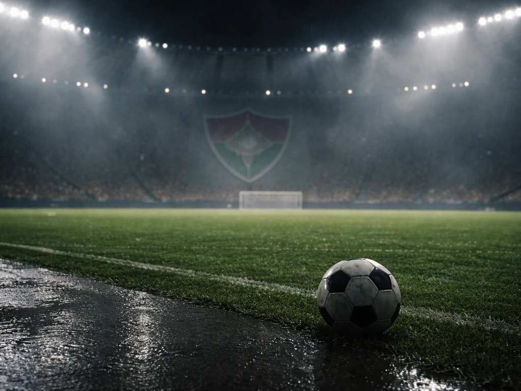 Maracanã stadium at night with a football on the pitch and an indistinct Fluminense crest banner in the background.
