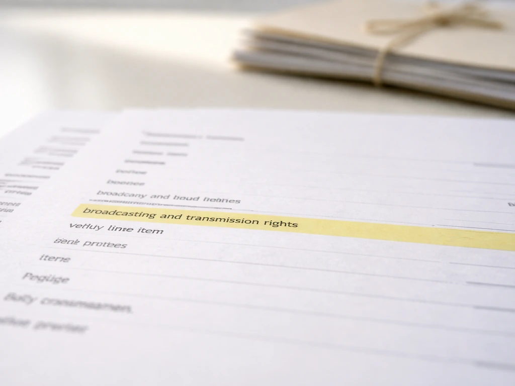 Close-up of financial statements with a focus on broadcasting and transmission rights line, styled like contracts