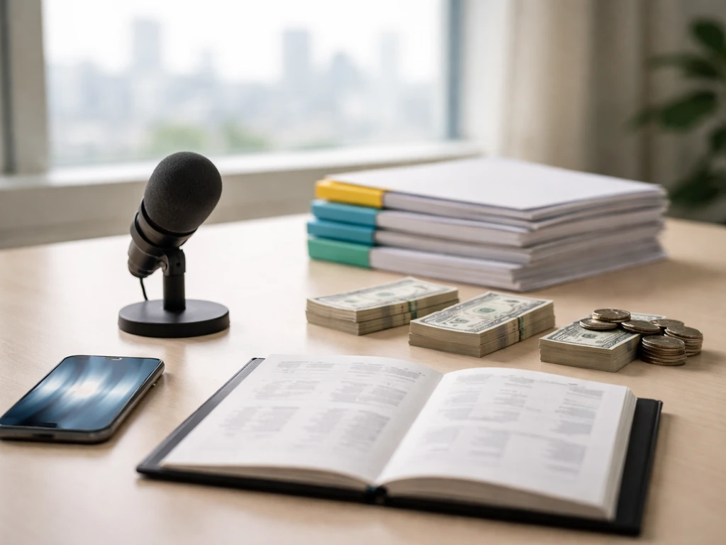 Minimal scene showing broadcast media, money, and financial documents for valuation drivers