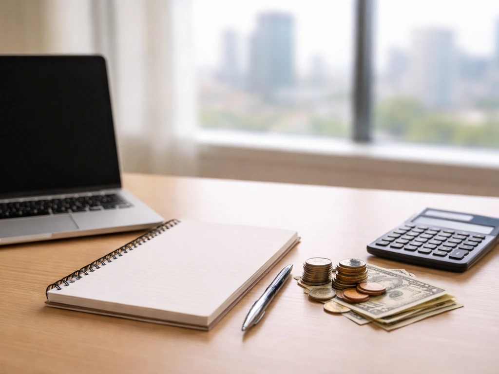 Minimal desk scene with laptop, notebook, and scattered coins symbolizing a modeled net worth breakdown