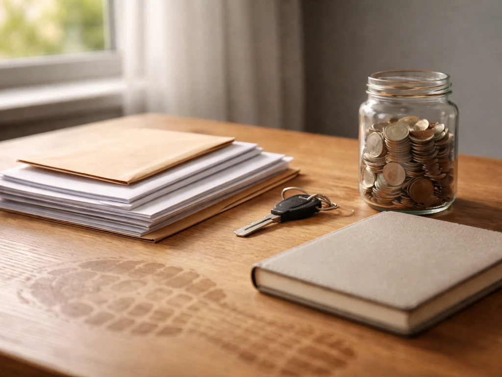 Minimal desk with coins jar and blank documents, symbolizing assets minus liabilities for a footballer.