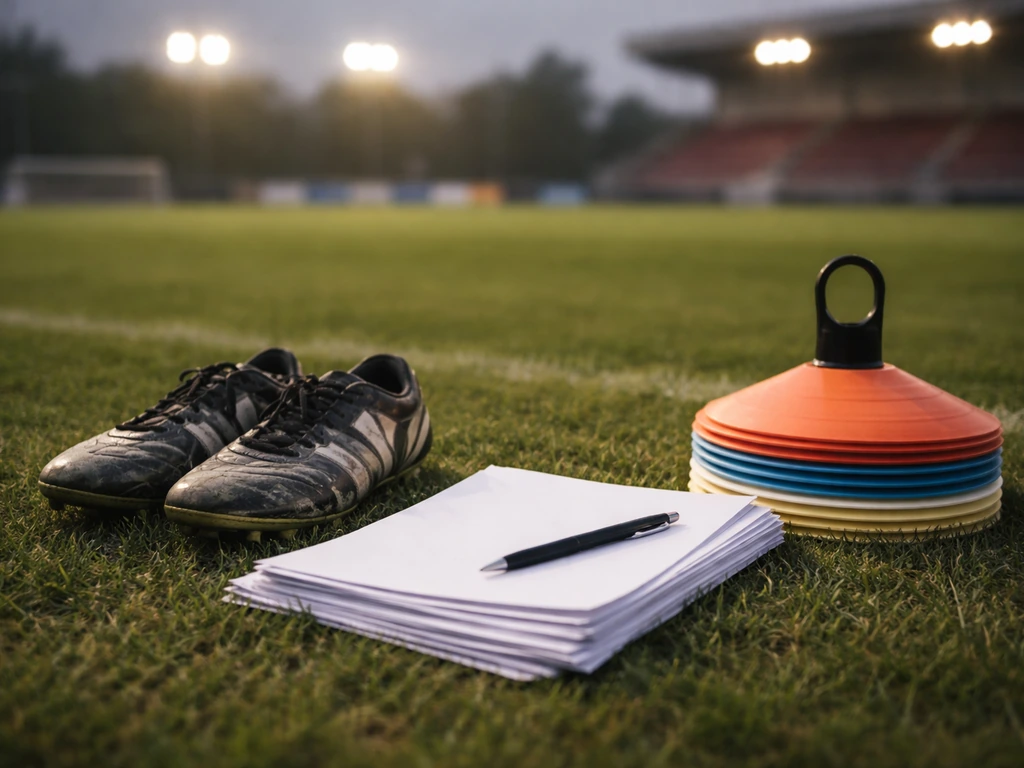 Empty training pitch with soccer boots and cones, evoking club salary and bonus context.