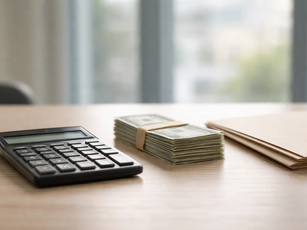 Minimal photo of a calculator beside cash and a folder, symbolizing calculating a net worth estimate.