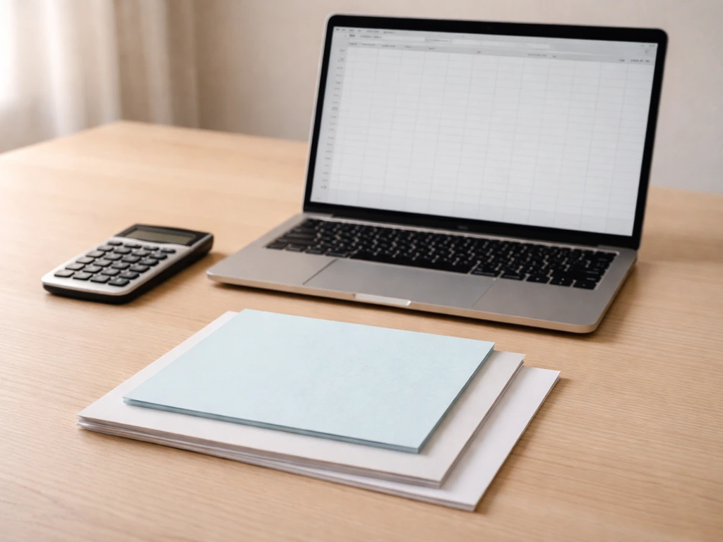 Minimal close-up of a laptop and calculator beside neatly stacked papers, suggesting gross vs take-home deductions