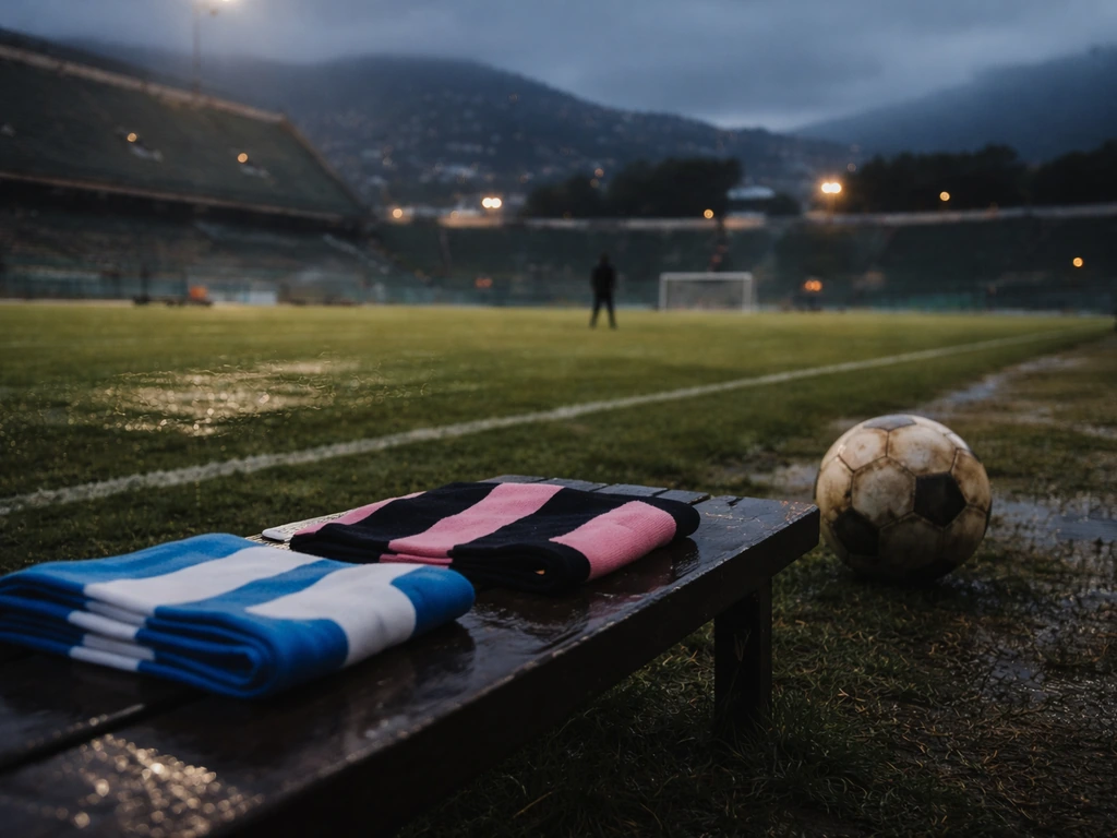 Rainy empty stadium pitch at dusk with generic Palermo/Napoli scarves and a match ball, no people.