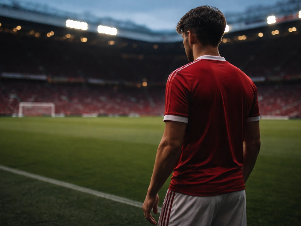 Anonymous footballer in Manchester United-style kit on an empty Old Trafford training pitch at dusk.