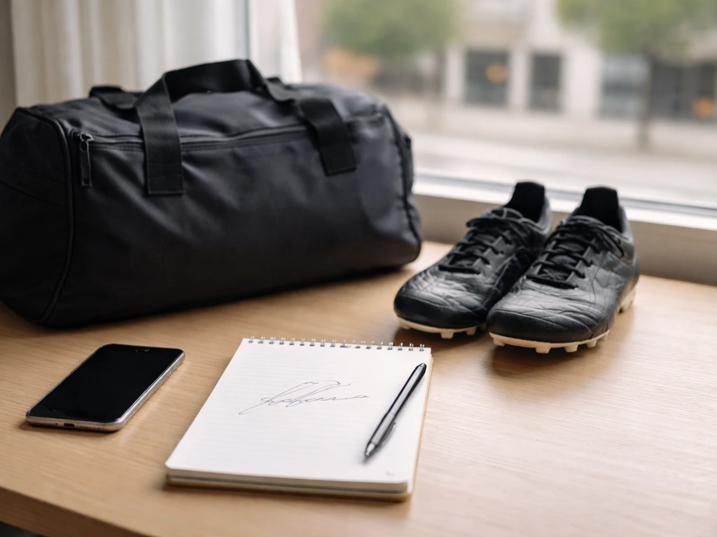 Minimal desk with football boots and duffel bag by a window, suggesting sponsorship and public-service mentions.