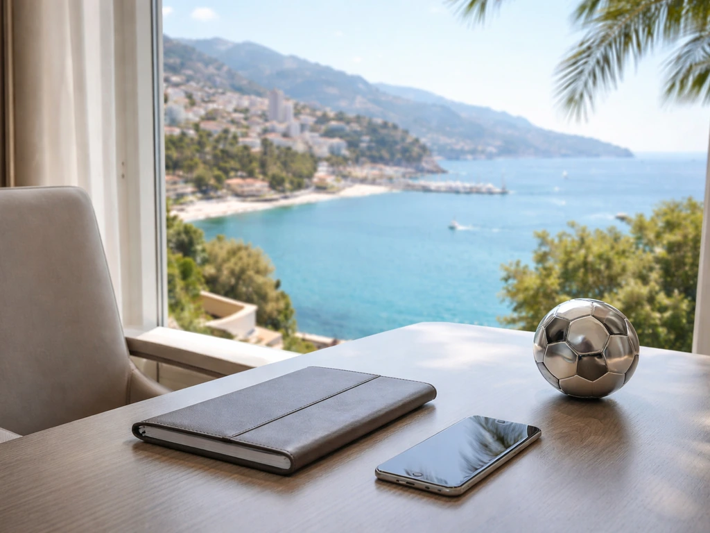 Empty luxury office corner with Monaco skyline view, evoking a football career origin story